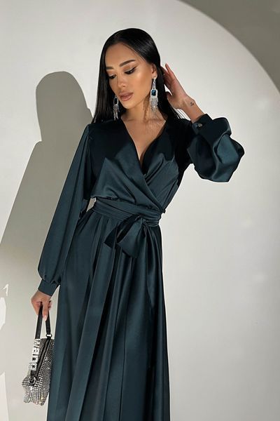 Шовкова сукня максі смарагдового кольору 15 фото